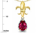 Star K  Pear Shape 8x6mm Created Ruby Fleur De Lis Pendant Necklace 10k Yellow Gold