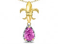 Star K  Pear Shape 8x6mm Created Pink Sapphire Fleur De Lis Pendant Necklace 10k Yellow Gold