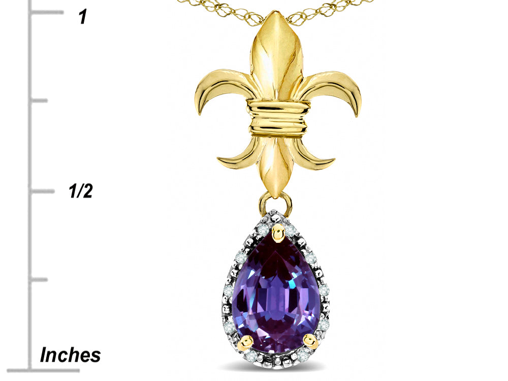Star K  Pear Shape 8x6mm Simulated Alexandrite Fleur De Lis Pendant Necklace 10k Yellow Gold