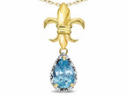 Star K  10k Yellow Gold Pear Shape 8x6mm Simulated Aquamarine Fleur De Lis Pendant Necklace