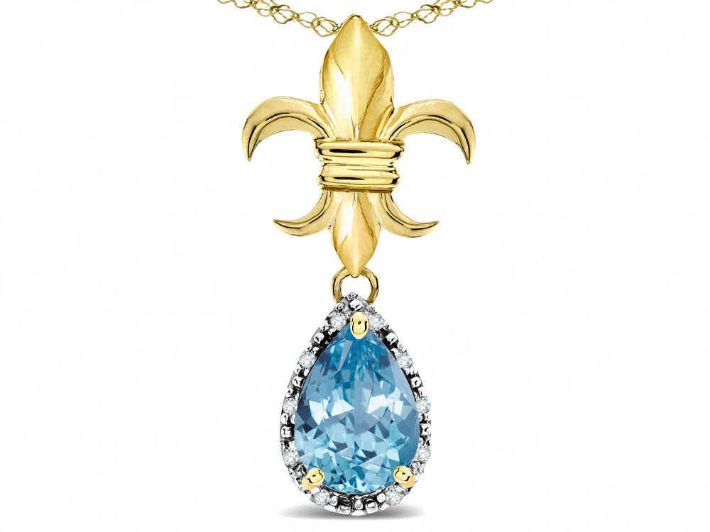 Star K  10k Yellow Gold Pear Shape 8x6mm Simulated Aquamarine Fleur De Lis Pendant Necklace