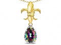 Star K  Pear Shape 8x6mm Rainbow Mystic Topaz Fleur De Lis Pendant Necklace 10k Yellow Gold