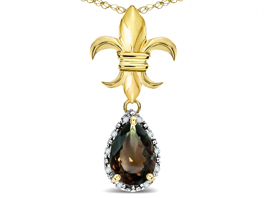 Star K  Pear Shape 8x6mm Genuine Smoky Quartz Fleur De Lis Pendant Necklace 10k Yellow Gold