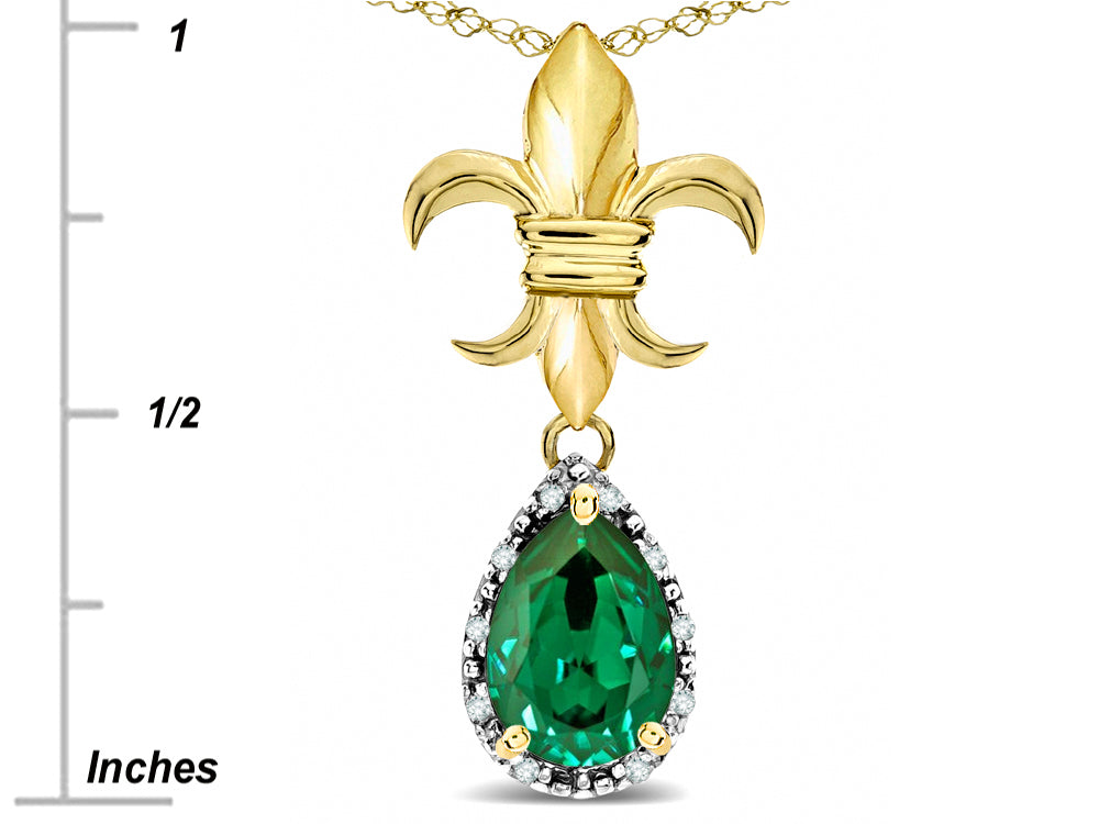 Star K  Pear Shape 8x6mm Simulated Emerald Fleur De Lis Pendant Necklace 10k Yellow Gold