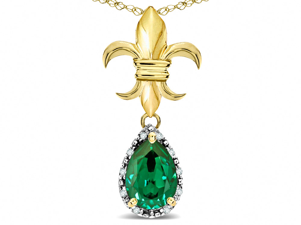 Star K  Pear Shape 8x6mm Simulated Emerald Fleur De Lis Pendant Necklace 10k Yellow Gold