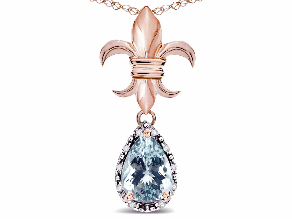 Star K  Pear Shape 8x6mm Genuine Aquamarine Fleur De Lis Pendant Necklace 10k Rose Gold