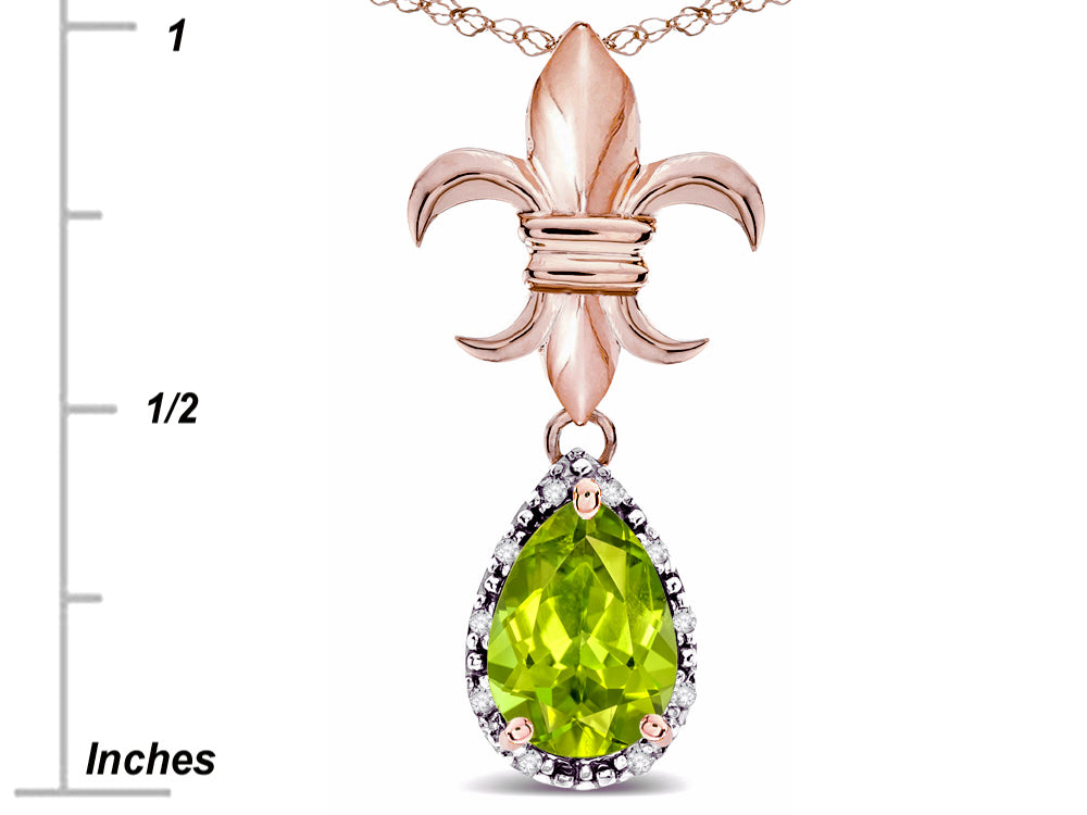 Star K  Pear Shape 8x6mm Genuine Peridot Fleur De Lis Pendant Necklace 10k Rose Gold