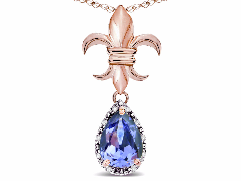 Star K  Pear Shape 8x6mm Genuine Tanzanite Fleur De Lis Pendant Necklace 10k Rose Gold