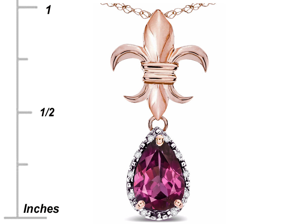 Star K  Pear Shape 8x6mm Genuine Rhodolite Fleur De Lis Pendant Necklace 10k Rose Gold