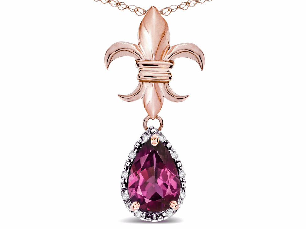 Star K  Pear Shape 8x6mm Genuine Rhodolite Fleur De Lis Pendant Necklace 10k Rose Gold