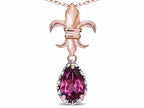 Star K  Pear Shape 8x6mm Genuine Rhodolite Fleur De Lis Pendant Necklace 10k Rose Gold