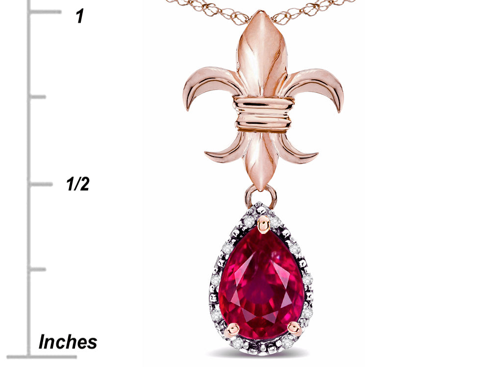 Star K  Pear Shape 8x6mm Created Ruby Fleur De Lis Pendant Necklace 10k Rose Gold