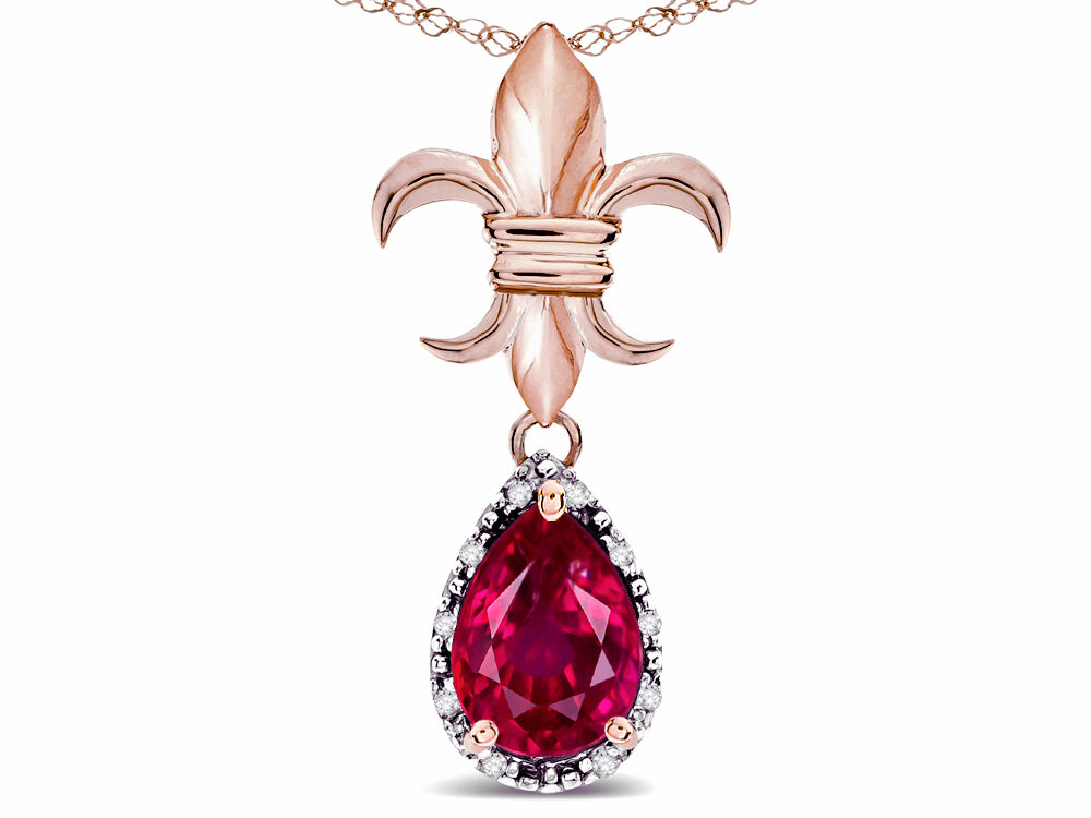 Star K  Pear Shape 8x6mm Created Ruby Fleur De Lis Pendant Necklace 10k Rose Gold