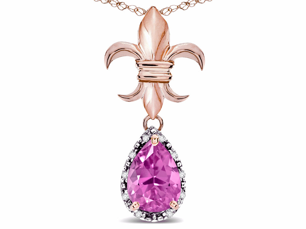 Star K  Pear Shape 8x6mm Created Pink Sapphire Fleur De Lis Pendant Necklace 10k Rose Gold
