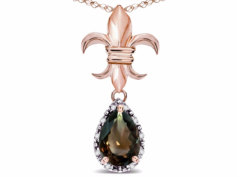 Star K  Pear Shape 8x6mm Genuine Smoky Quartz Fleur De Lis Pendant Necklace 10k Rose Gold