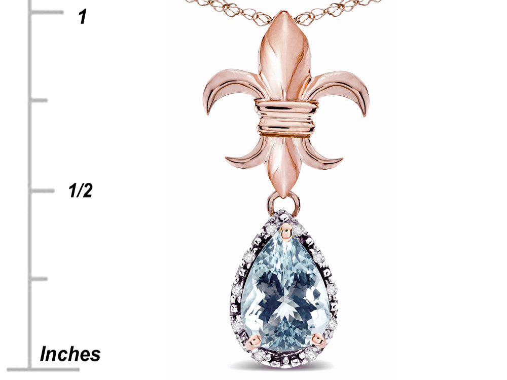 Star K  Pear Shape 8x6mm Genuine Aquamarine Fleur De Lis Pendant Necklace 18k Rose Gold
