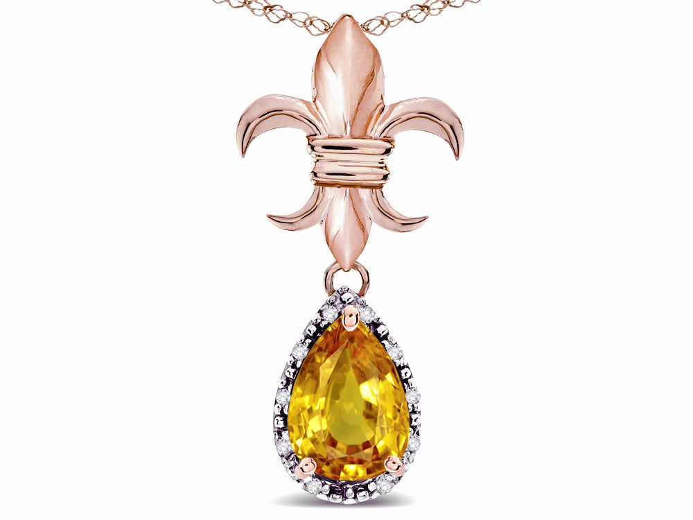 Star K  Pear Shape 8x6mm Genuine Citrine Fleur De Lis Pendant Necklace 18k Rose Gold