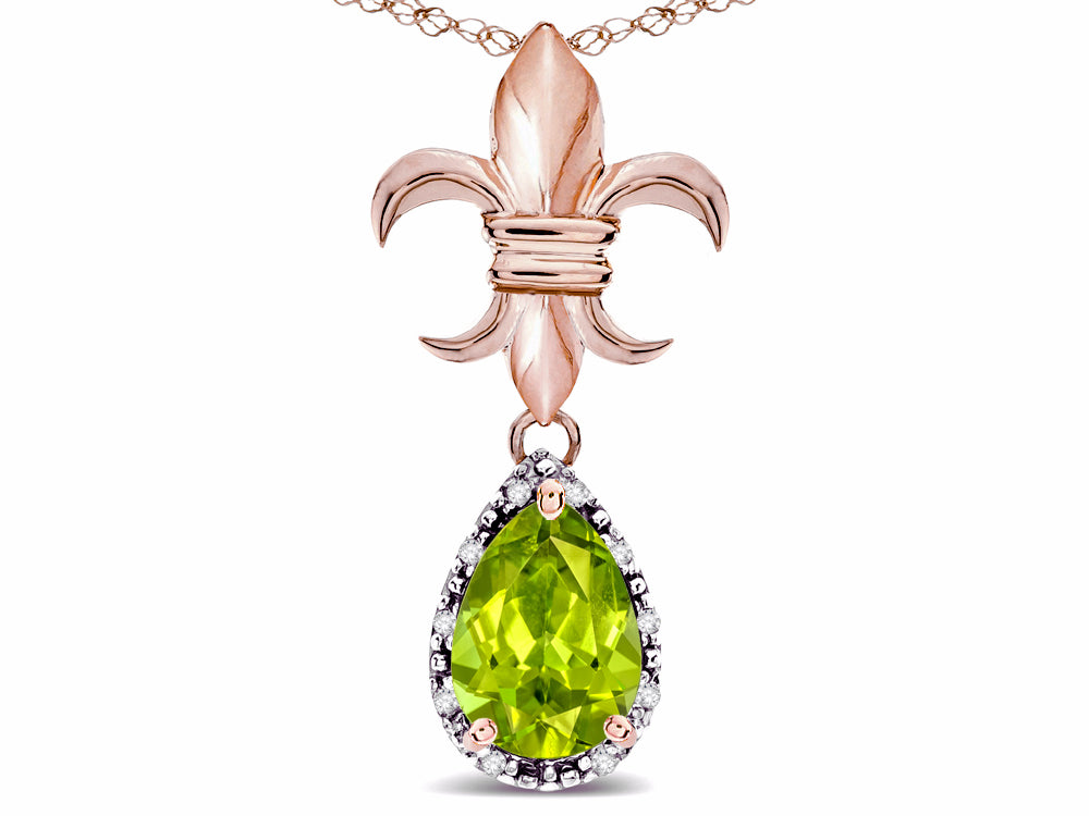 Star K  Pear Shape 8x6mm Genuine Peridot Fleur De Lis Pendant Necklace 18k Rose Gold
