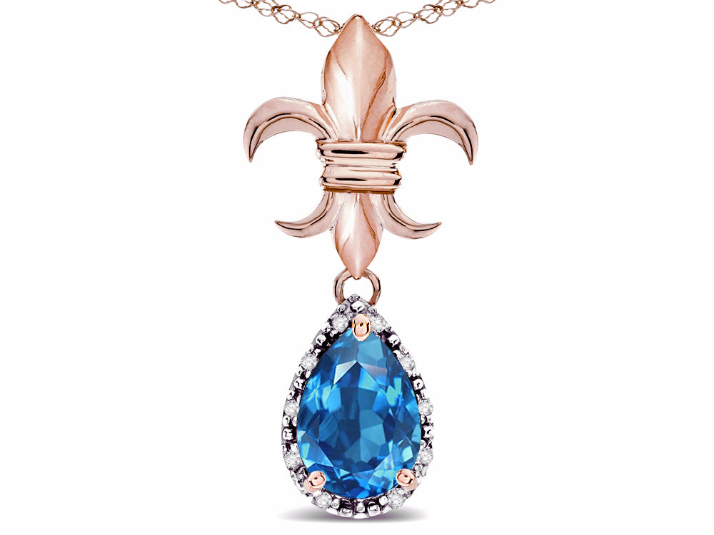 Star K  Pear Shape 8x6mm Genuine Blue Topaz Fleur De Lis Pendant Necklace 18k Rose Gold