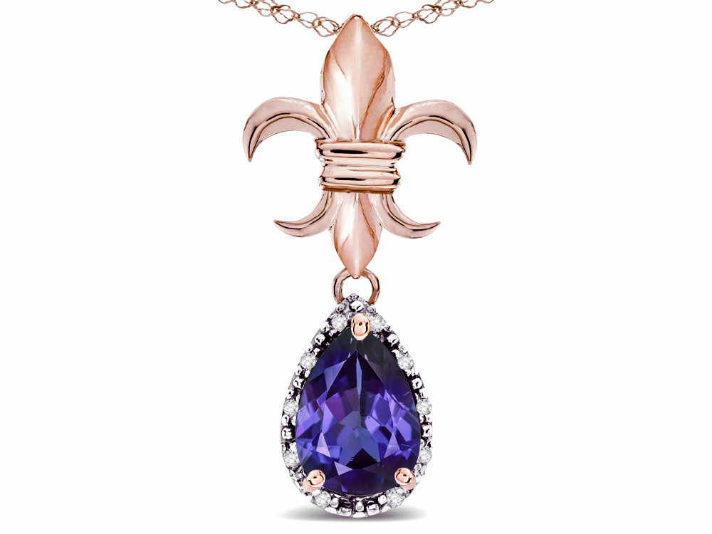 Star K  Pear Shape 8x6mm Genuine Iolite Fleur De Lis Pendant Necklace 18k Rose Gold