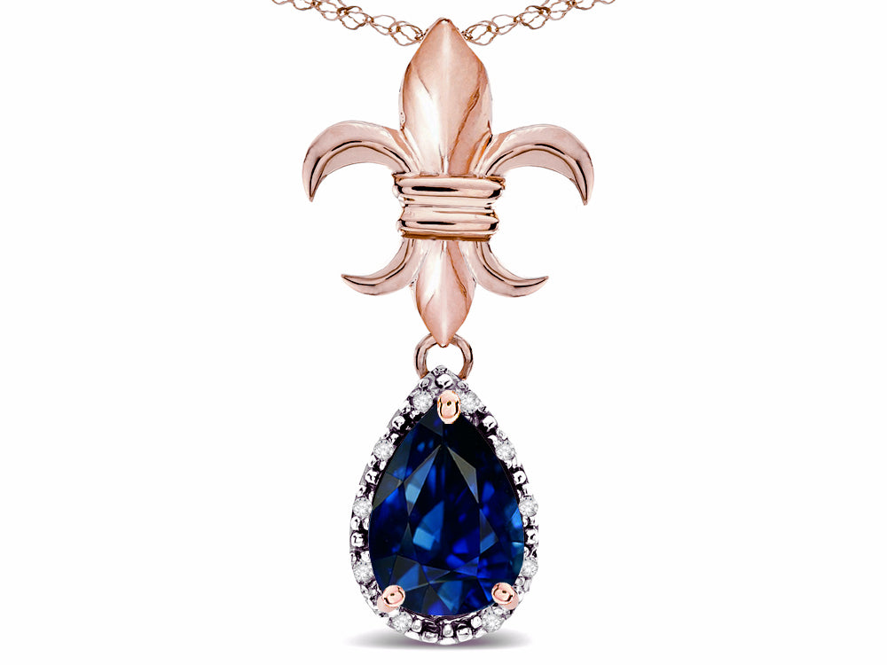 Star K  Pear Shape 8x6mm Created Sapphire Fleur De Lis Pendant Necklace 18k Rose Gold