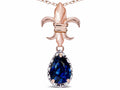 Star K  Pear Shape 8x6mm Created Sapphire Fleur De Lis Pendant Necklace 18k Rose Gold