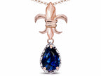 Star K  Pear Shape 8x6mm Created Sapphire Fleur De Lis Pendant Necklace 18k Rose Gold