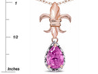 Star K  Pear Shape 8x6mm Created Pink Sapphire Fleur De Lis Pendant Necklace 18k Rose Gold