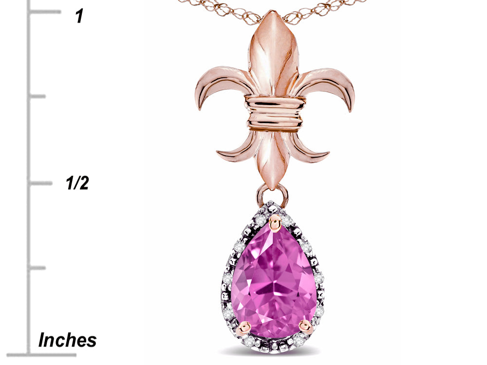 Star K  Pear Shape 8x6mm Created Pink Sapphire Fleur De Lis Pendant Necklace 18k Rose Gold