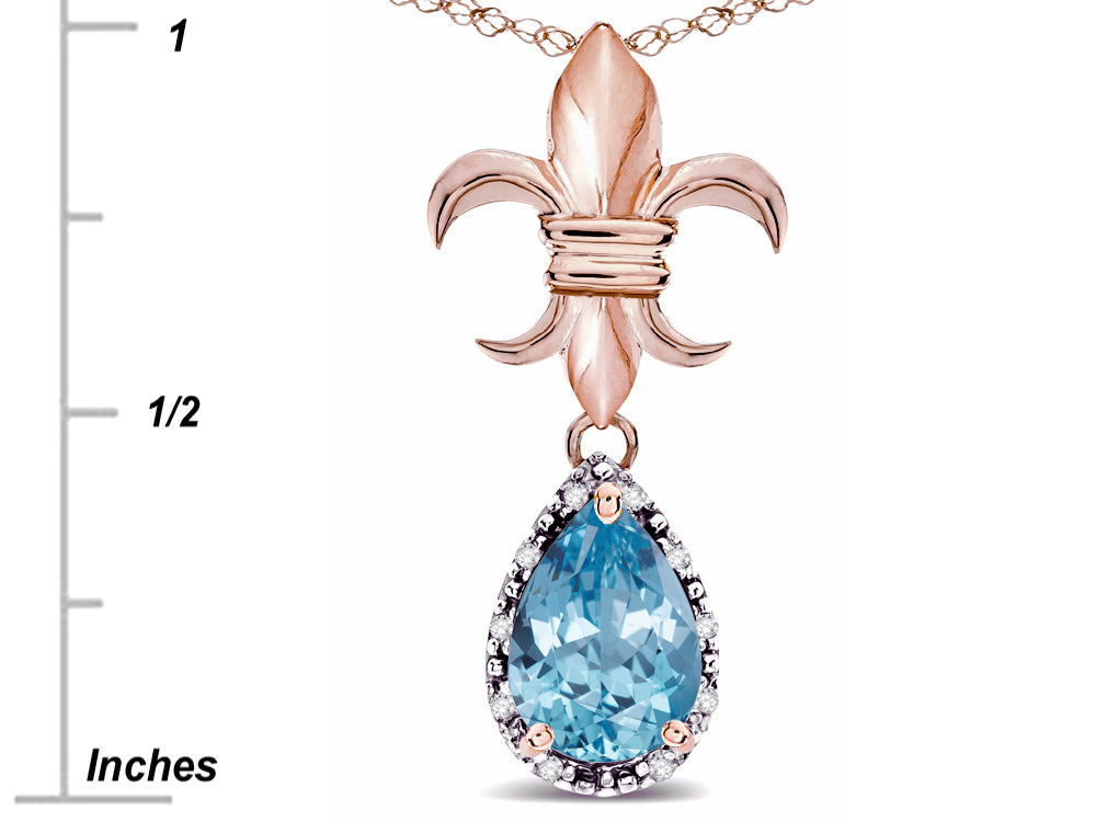 Star K  Pear Shape 8x6mm Simulated Aquamarine Fleur De Lis Pendant Necklace 18k Rose Gold