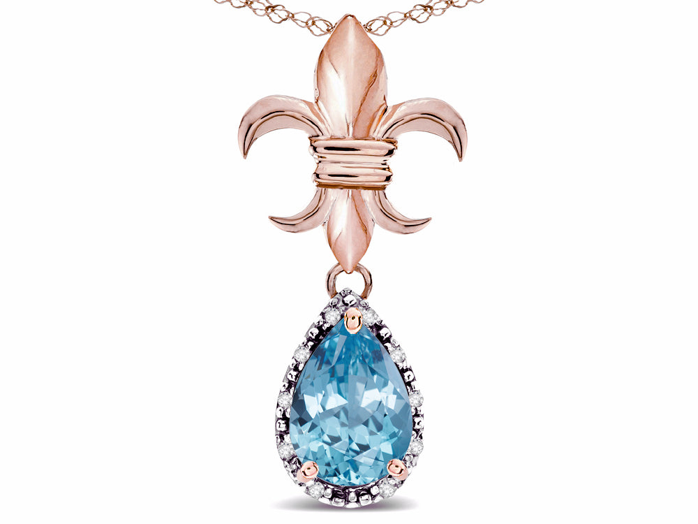 Star K  Pear Shape 8x6mm Simulated Aquamarine Fleur De Lis Pendant Necklace 18k Rose Gold