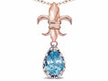 Star K  Pear Shape 8x6mm Simulated Aquamarine Fleur De Lis Pendant Necklace 18k Rose Gold