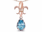 Star K  Pear Shape 8x6mm Simulated Aquamarine Fleur De Lis Pendant Necklace 18k Rose Gold