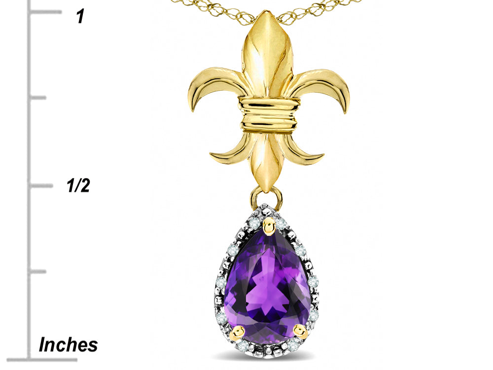 Star K  Pear Shape 8x6mm Genuine Amethyst Fleur De Lis Pendant Necklace 18k Yellow Gold