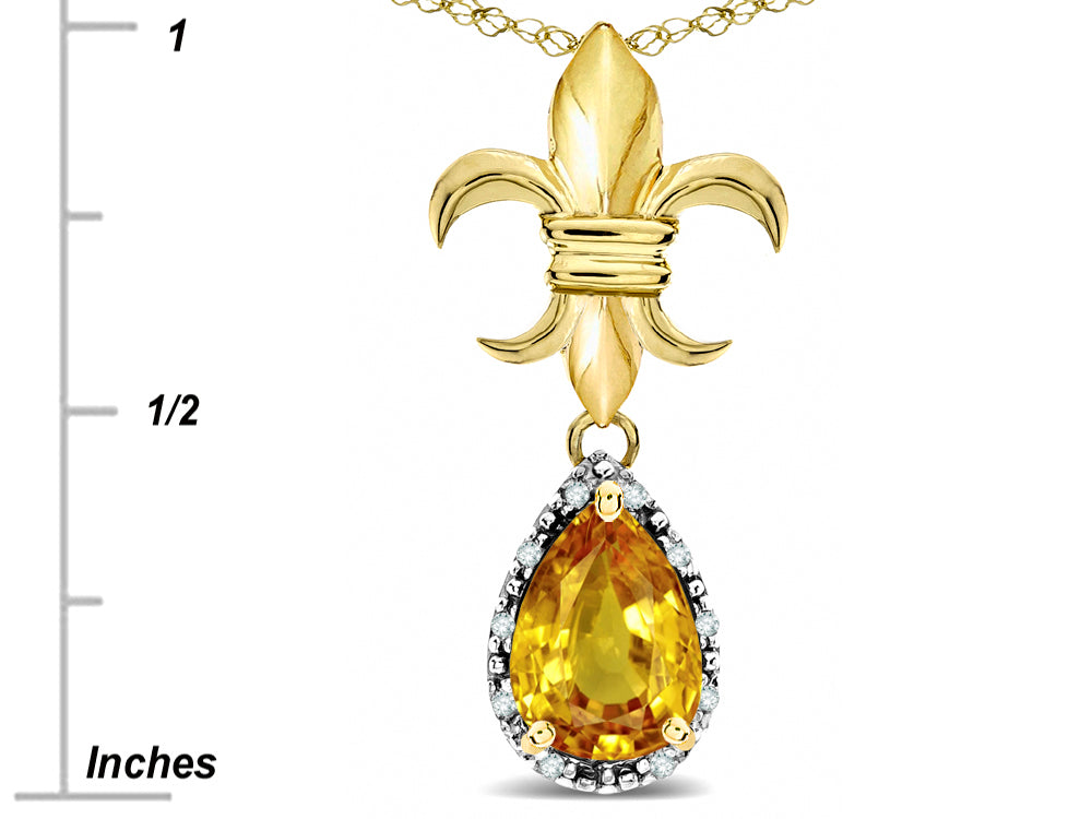 Star K  Pear Shape 8x6mm Genuine Citrine Fleur De Lis Pendant Necklace 18k Yellow Gold