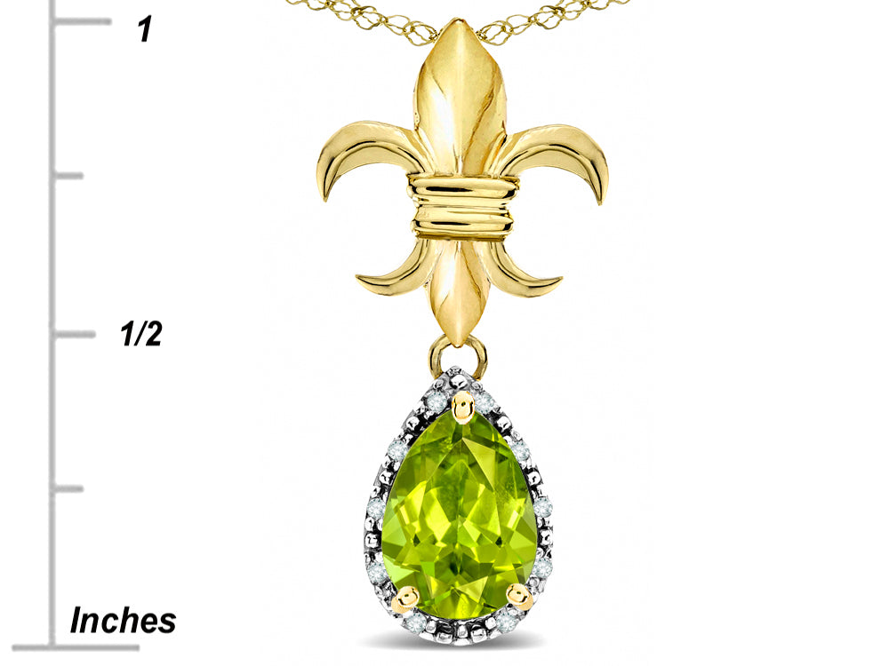 Star K  Pear Shape 8x6mm Genuine Peridot Fleur De Lis Pendant Necklace 18k Yellow Gold