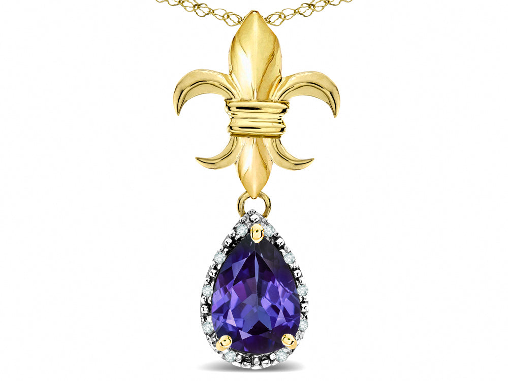 Star K  Pear Shape 8x6mm Genuine Iolite Fleur De Lis Pendant Necklace 18k Yellow Gold