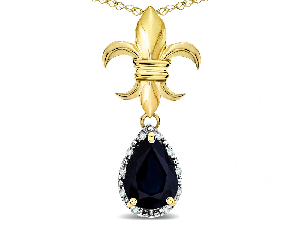 Star K  Pear Shape 8x6mm Genuine Black Sapphire Fleur De Lis Pendant Necklace 18k Yellow Gold
