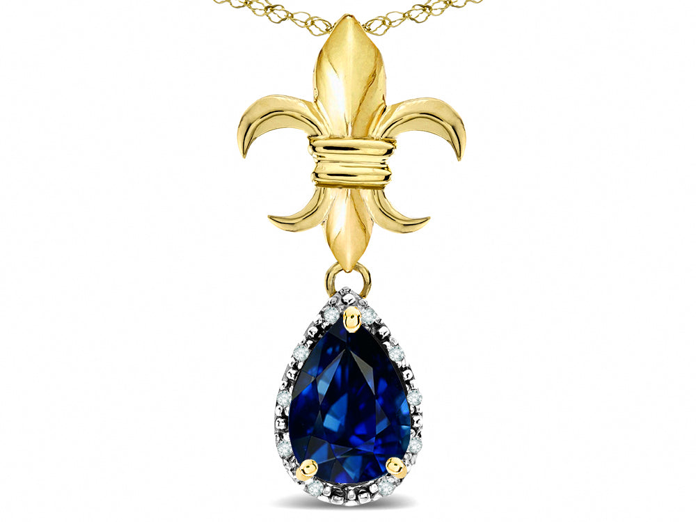 Star K  Pear Shape 8x6mm Created Sapphire Fleur De Lis Pendant Necklace 18k Yellow Gold