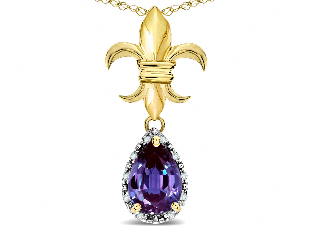 Star K  Pear Shape 8x6mm Simulated Alexandrite Fleur De Lis Pendant Necklace 18k Yellow Gold
