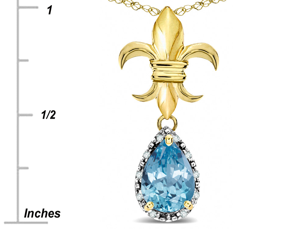 Star K  Pear Shape 8x6mm Simulated Aquamarine Fleur De Lis Pendant Necklace 18k Yellow Gold