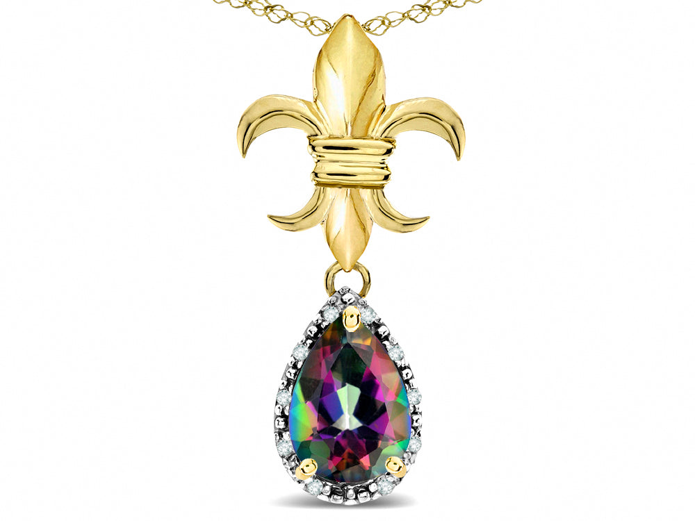 Star K  Pear Shape 8x6mm Rainbow Mystic Topaz Fleur De Lis Pendant Necklace 18k Yellow Gold