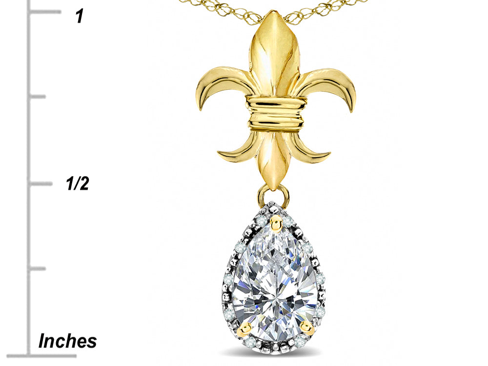 Star K  Pear Shape 8x6mm Genuine White Topaz Fleur De Lis Pendant Necklace 18k Yellow Gold