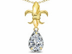 Star K  Pear Shape 8x6mm Genuine White Topaz Fleur De Lis Pendant Necklace 18k Yellow Gold