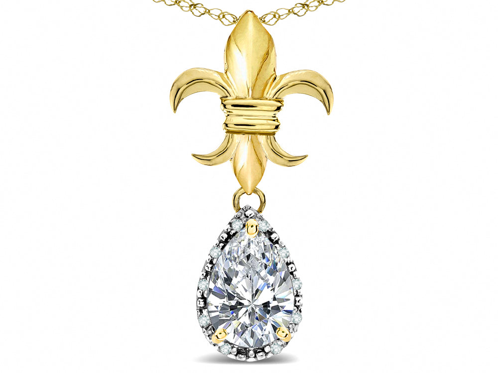 Star K  Pear Shape 8x6mm Genuine White Topaz Fleur De Lis Pendant Necklace 18k Yellow Gold