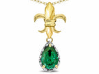 Star K  Pear Shape 8x6mm Simulated Emerald Fleur De Lis Pendant Necklace 18k Yellow Gold
