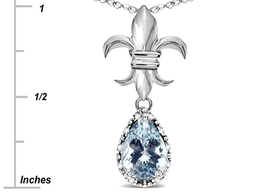 Star K  Pear Shape 8x6mm Genuine Aquamarine Fleur De Lis Pendant Necklace 18k White Gold