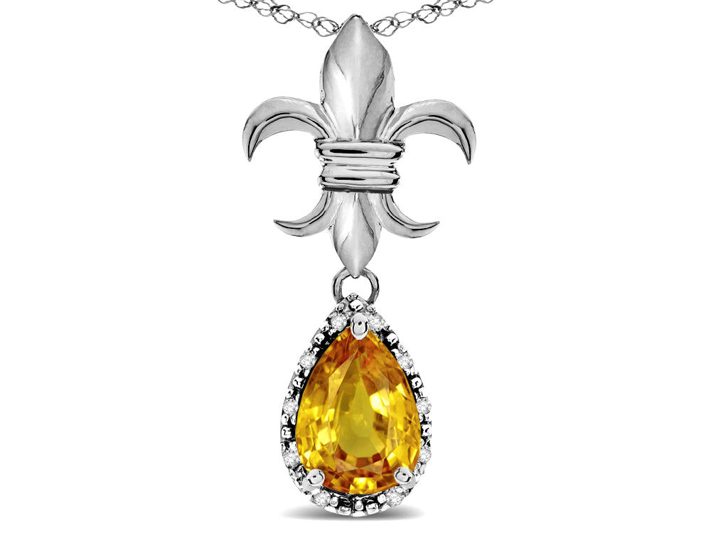 Star K  Pear Shape 8x6mm Genuine Citrine Fleur De Lis Pendant Necklace 18k White Gold
