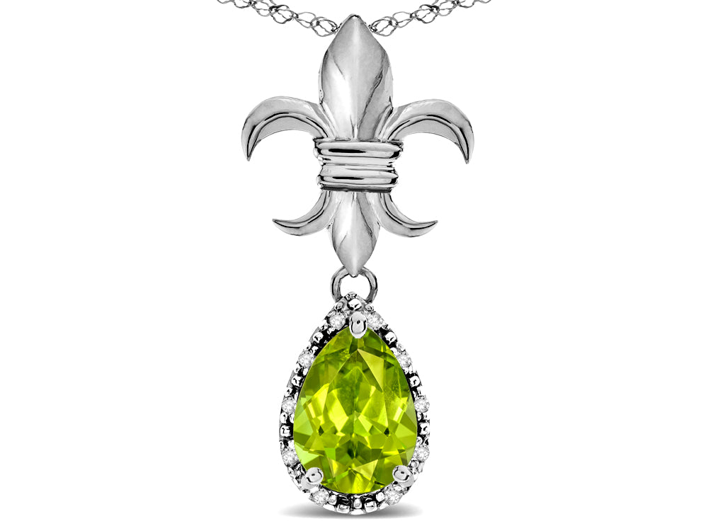 Star K  Pear Shape 8x6mm Genuine Peridot Fleur De Lis Pendant Necklace 18k White Gold