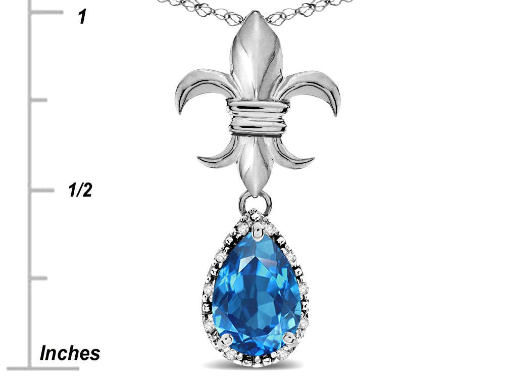 Star K  Pear Shape 8x6mm Genuine Blue Topaz Fleur De Lis Pendant Necklace 18k White Gold